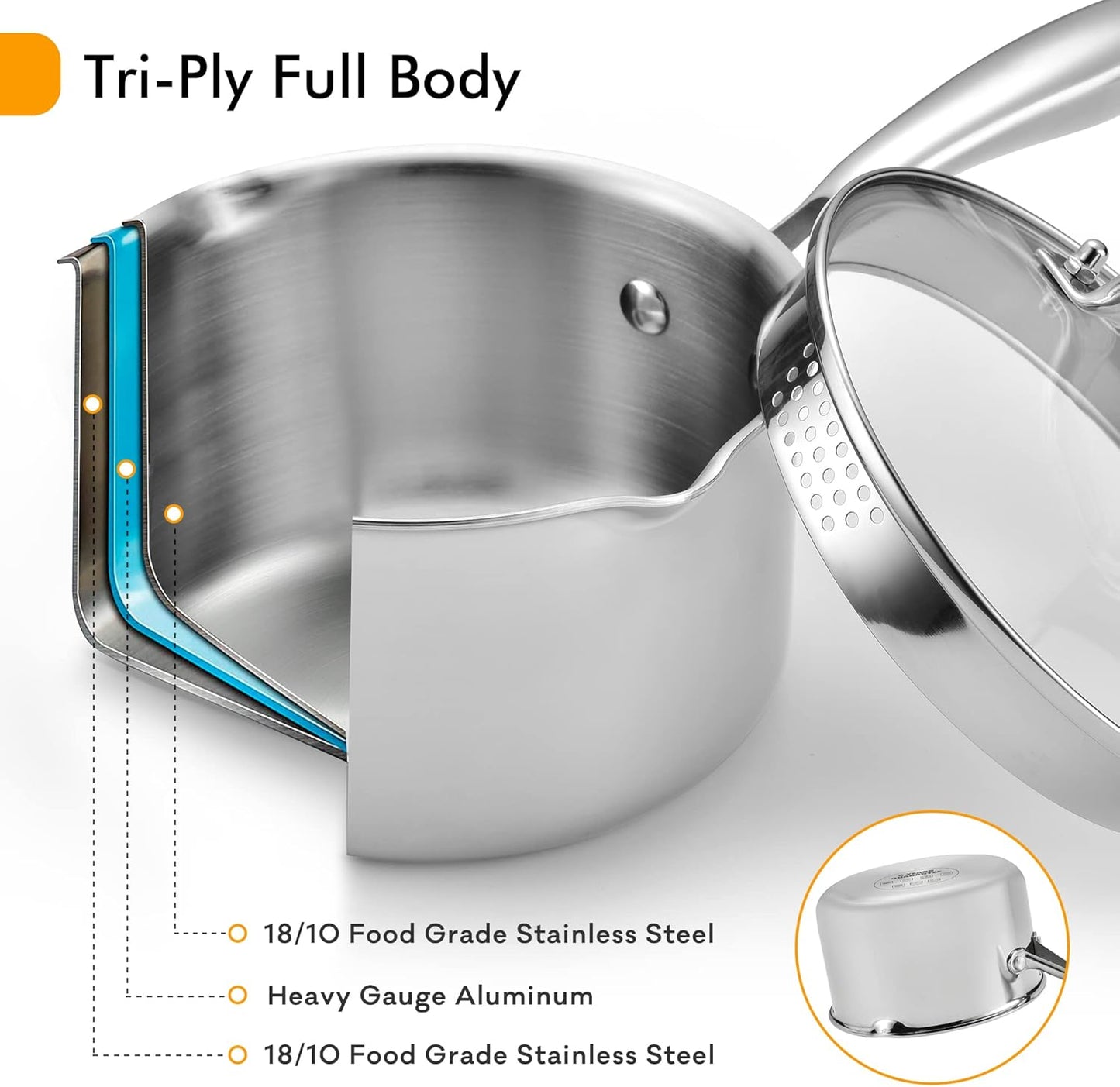 Stainless Steel Saucepan with Tempered Glass Lid, 2.5 Quart Multipurpose Cooking Pot, Sauce Pot for Easy Pour with Ergonomic Handle