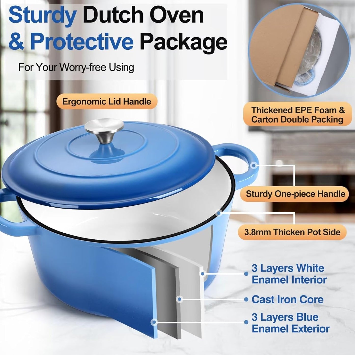 P&P CHEF 6QT Enameled Dutch Oven, Cast Iron Dutch Oven Pot with Lid for Bread Baking, Enameled Casserole Pot for Roasting Braising Stewing Frying Simmering, Various Stoves & Easy Clean, Blue