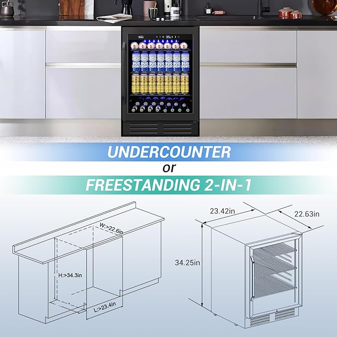 24" Black Beverage Refrigerator Cooler: 24Inch Built-In Under Counter Fridge for Soda, Beer, Drink | 168Cans Large Capacity - Perfect for Kitchen, Bar, or Office