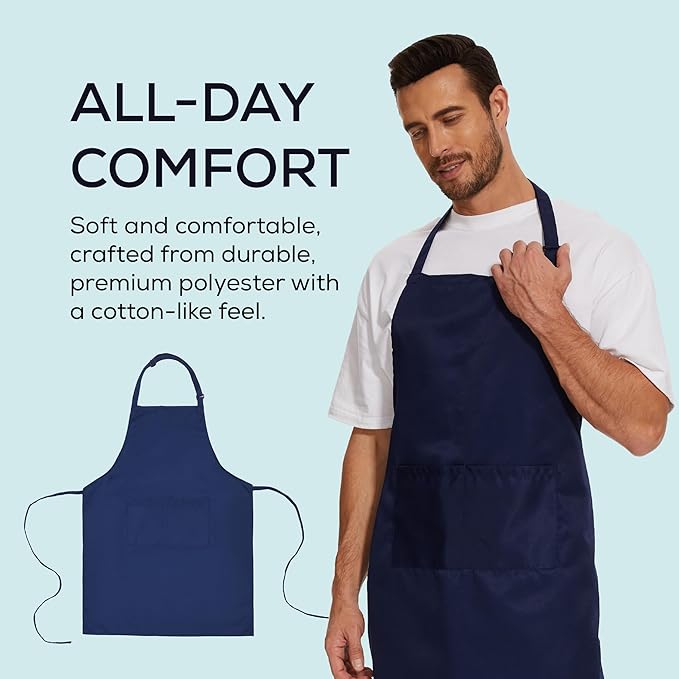 Will Well Kitchen Apron for Men and Women - 33" x 27" Oil-and-Water-Resistant with Adjustable Neck Strap and 38" Waist Ties for a Snug Fit, Lightweight with 2 Front Pockets - 2-Pack, Navy