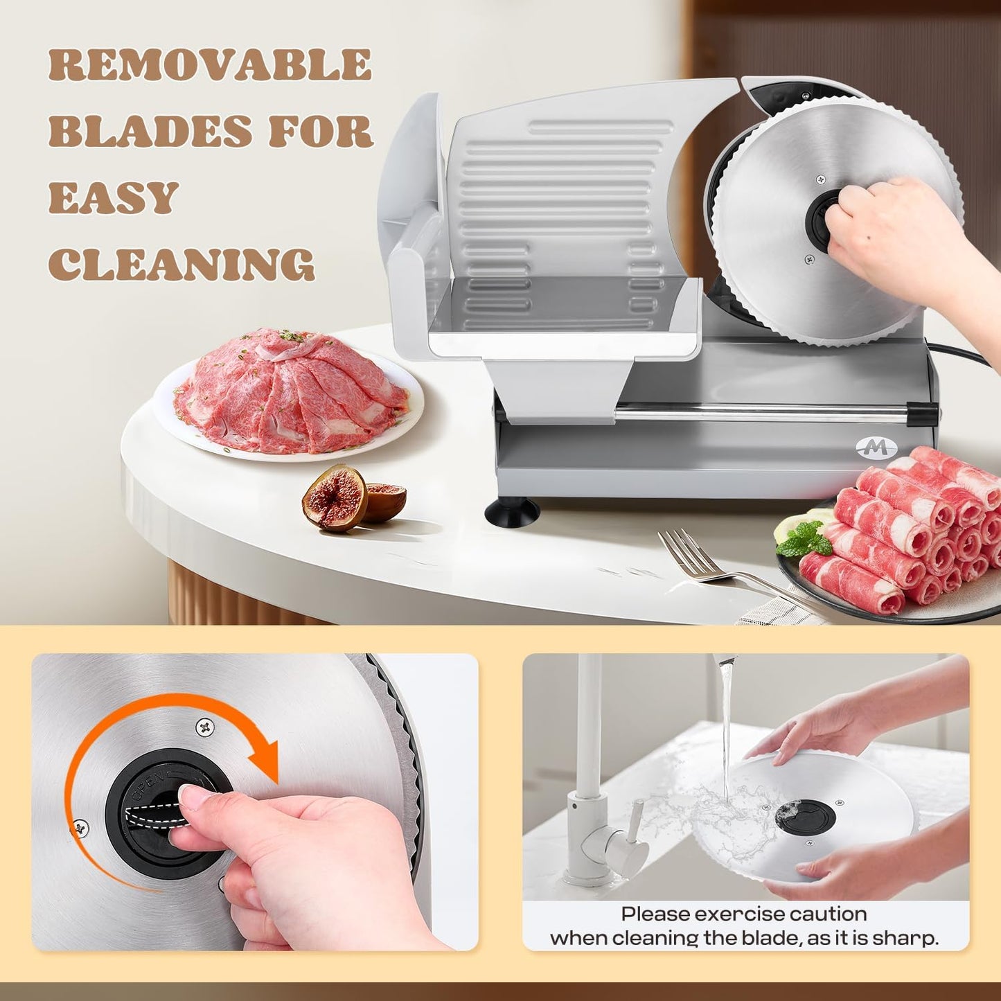 Moongiantgo Meat Slicer 200W With 2 Removable 7.5’’ Stainless Steel Blades, Deli Food Slicer 0-15MM Thickness Adjustable, Child Lock Protection, Meat Fruit Cheese Bread Slicer Machine, 110V