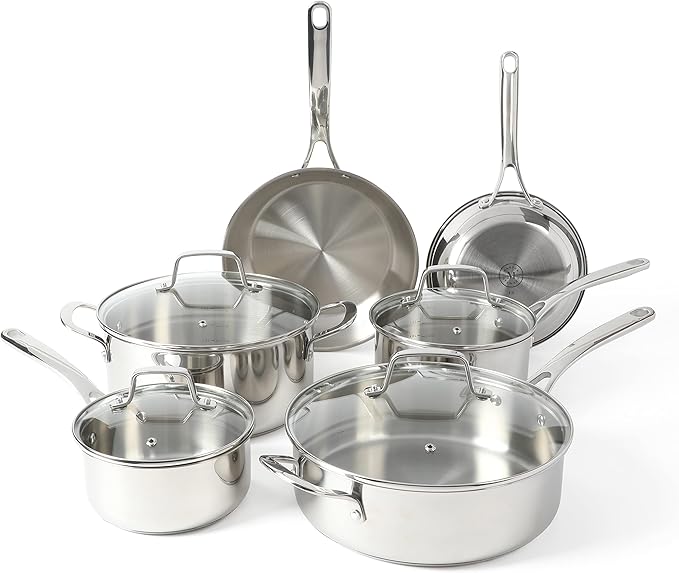 Martha Stewart Castelle 10 Piece 18/8 Stainless Steel Induction Safe Pots and Pans Non-Toxic Triply Bottom Kitchen Cookware Set