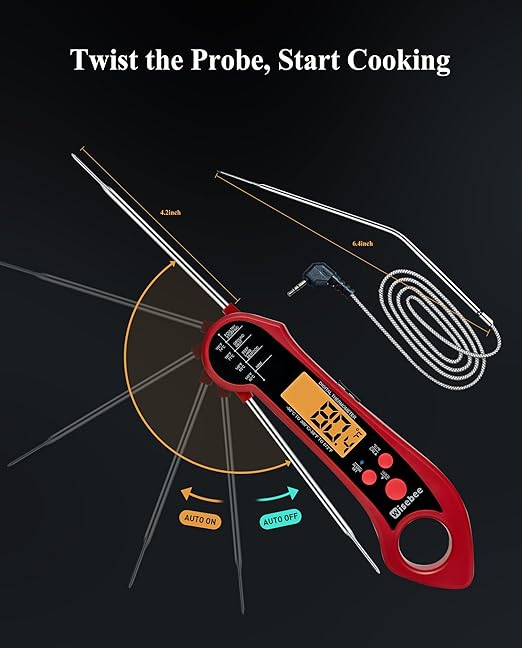 Wisebee 2-in-1 Meat Thermometer, Digital Instant Read Food Kitchen Thermometer with Dual Probes | Waterproof | Alarm Set | Calibration | Backlit | Hold Function for Cooking (Red)