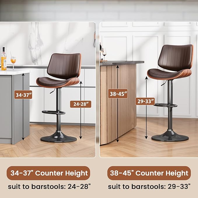 Swivel Bar Stools Set of 4, Adjustable Bentwood Barstools for Kitchen Counter, Modern PU Leather Upholstered Bar Chair with Back and Footrest, for Kitchen Island, Bar, Dining Room, Brown