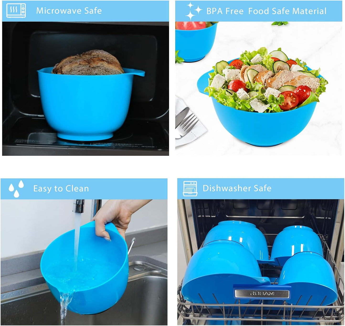 BoxedHome 4 Quart Large Plastic Mixing Bowls, Microwave Safe Mixing Bowl Set with Pour Spout, Nesting Bowls for Space Saving Storage(Teal)