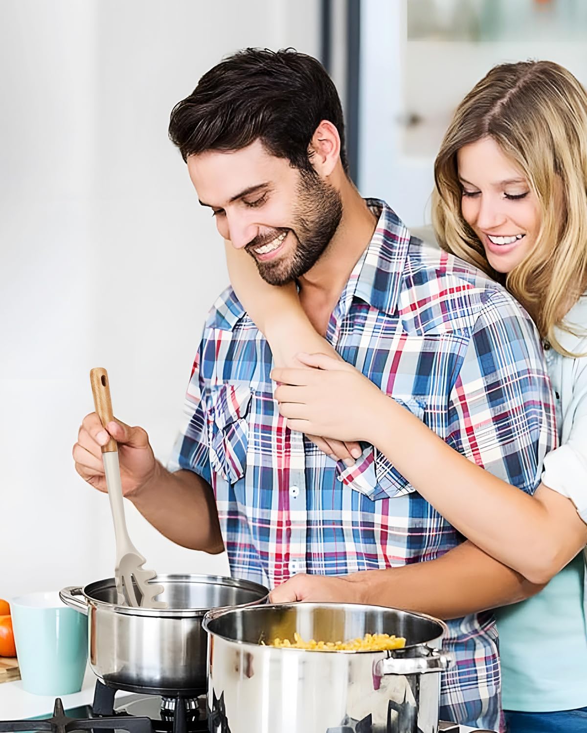 Silicone Pasta Fork And Cooking Spoon, Kitchen Heat Resistant Noodle Spoon Server, BPA Free Spaghetti Strainer,12.8 inch