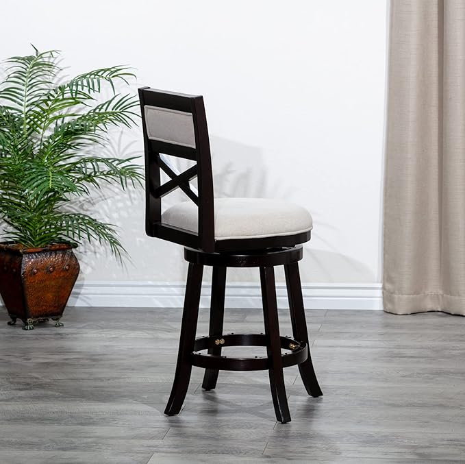 DTY Indoor Living Meeker X Back Fabric Swivel Stool, 30” Bar Height, Espresso Finish, Beige Fabric Seat