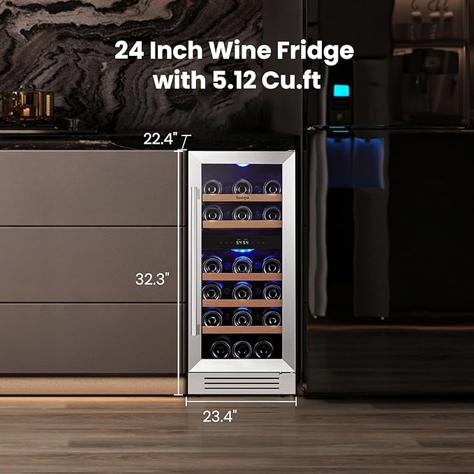 Yeego 15 Inch Dual Zone Wine Fridge, 28 Bottles Wine Cool Refrigerator with Glass Door, Built-in/Freestanding/Under Counter, Ideal for Home & Kitchen