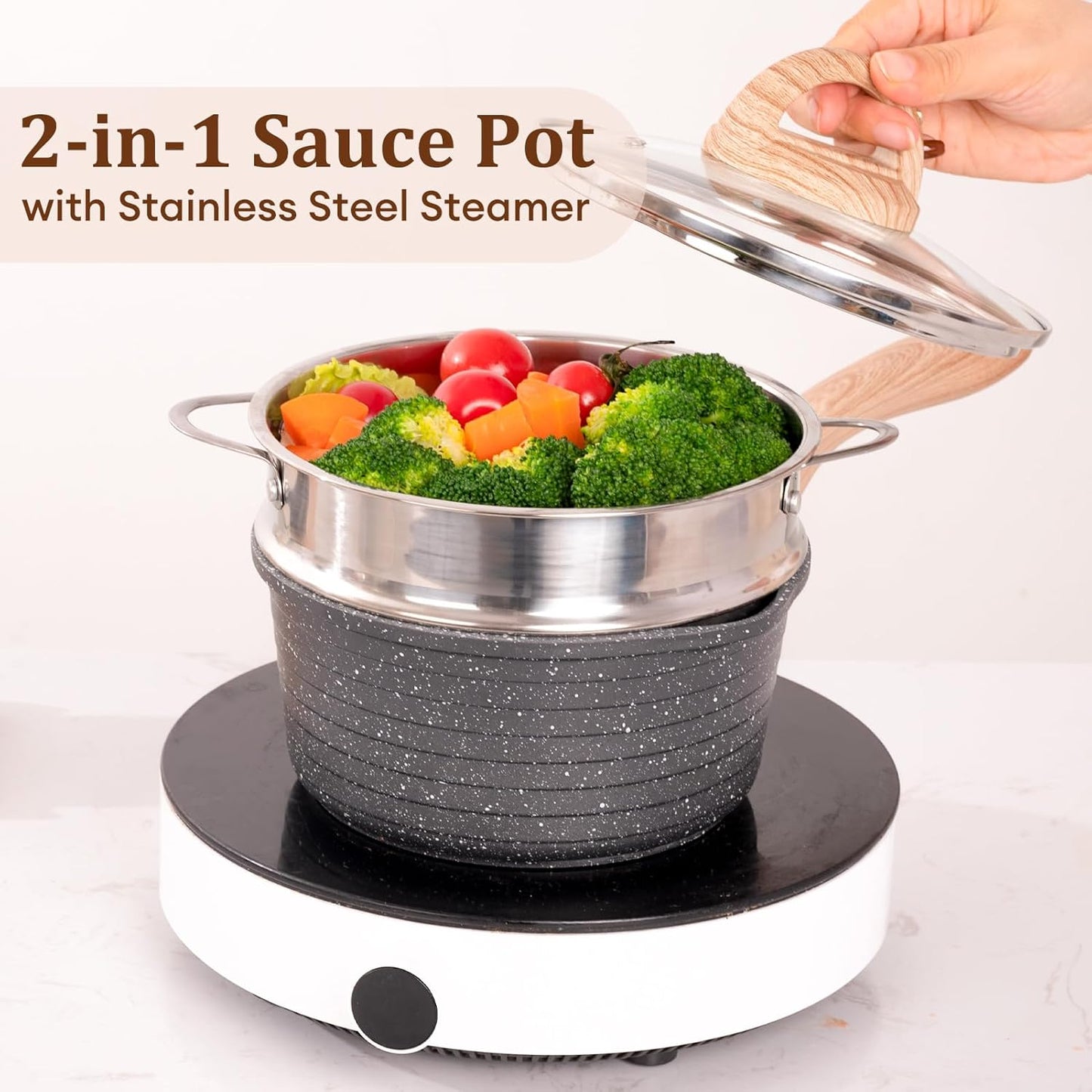 JEETEE 2.5 Quart Saucepan with Steamer Basket, Small Sauce Pot with Lid,Nonstick Coating with Pour Spout, Induction Compatible Cookware Sauce Pan for Cooking, PFOA/PFOS Free