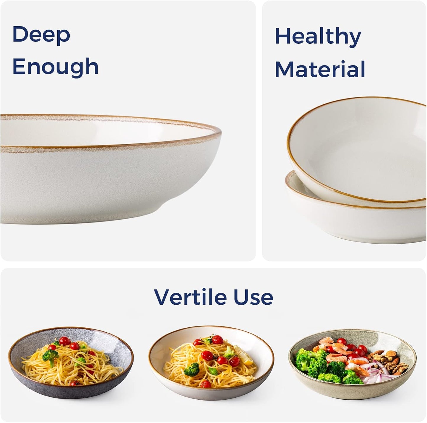 AmorArc 8.5'' Large Pasta Bowls, 36oz Ceramic Salad Serving Bowls Set of 4 for Kitchen, Wide Stoneware Bowls for Pasta,Salad,Fruit,Bread, Microwave Safe, Reactive-Pearl White