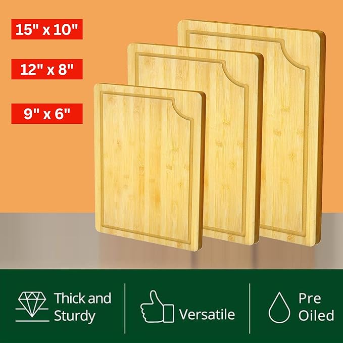 Bamboo Cutting Board Set 3 Piece Large Wood Chopping Boards With Juice Grooves for Meat Vegetables Fruits & Charcuterie Durable Kitchen Serving Boards