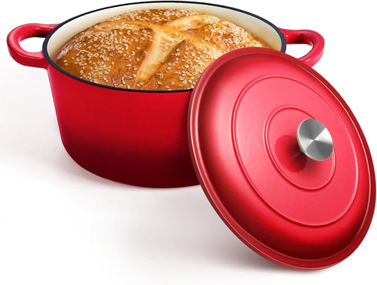 P&P CHEF 7QT Enameled Dutch Oven, Cast Iron Dutch Oven Pot with Lid for Bread Baking, Enameled Casserole Pot for Roasting Braising Stewing Frying Simmering, Various Stoves & Easy Clean, Red