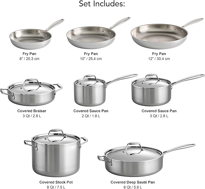 Tramontina Tri-Ply Clad Stainless Steel 13-Piece Cookware Set with Lids, Pots and Pans Kitchen Set, Induction-Ready, Dishwasher-Safe, NSF-Certified
