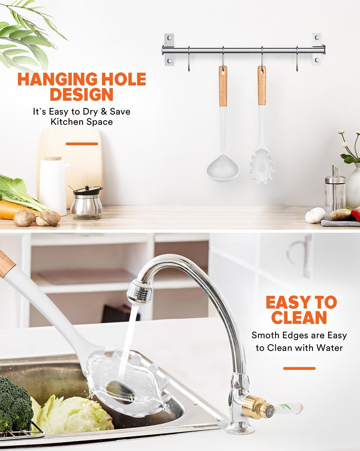 Pasta Fork and Ladle Set, Perfect for Serving Hot Soup, Stirring, and Sauce Pasta, BPA-Free Matte Silicone, Wood Handle Spaghetti Spoon for Nonstick Cooking Surfaces (White)