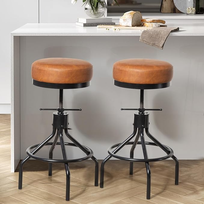 Industrial Bar Stools Set of 2 Adjustable Swivel Round Barstools Modern PU Leather 28inch Backless Counter Height Stool Metal Bar Chair for Kitchen Island (2, Brown)