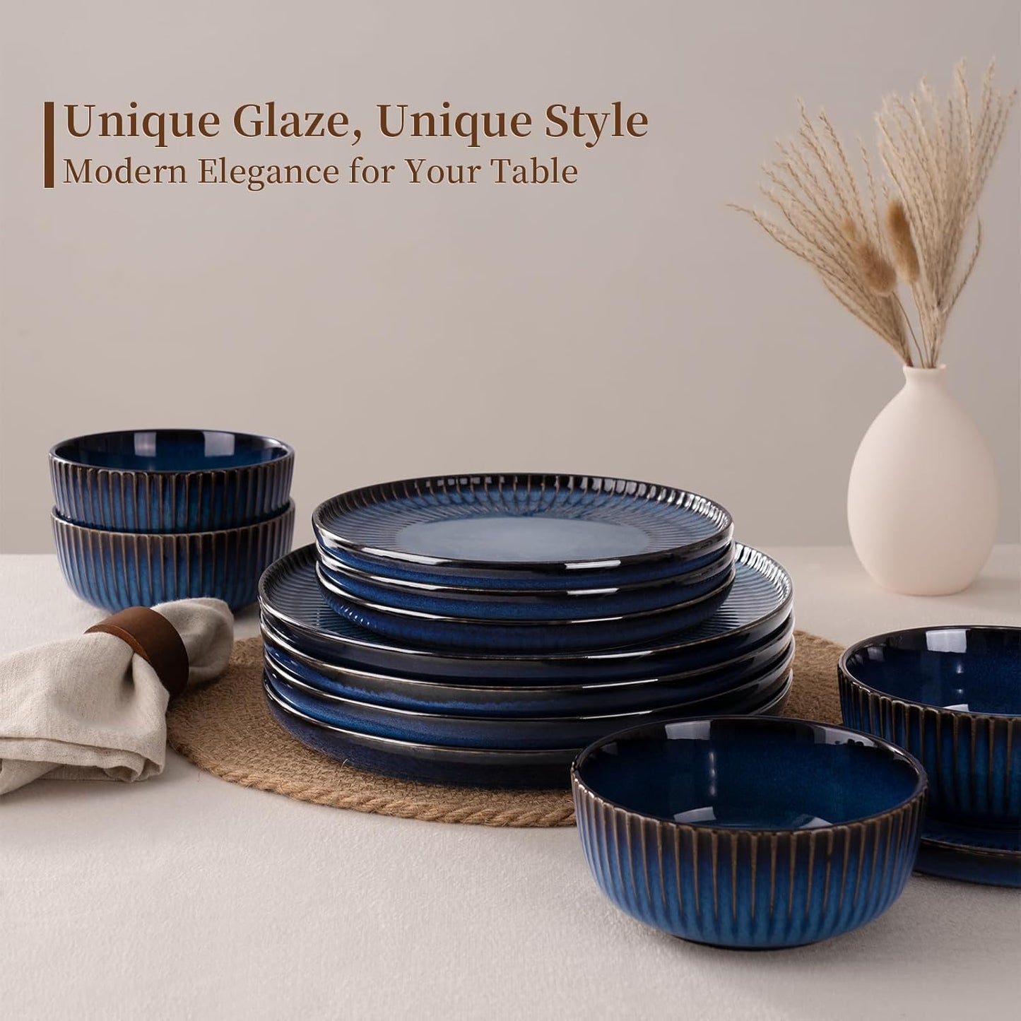 Famiware Starlight Dinnerware Sets, Plates and Bowls Dish Set of 6 (18 Pieces), Ribbed Textured Tableware - Dishwasher & Microwave Safe, Chip & Scratch Resistant, Reactive Glaze, Starry Blue