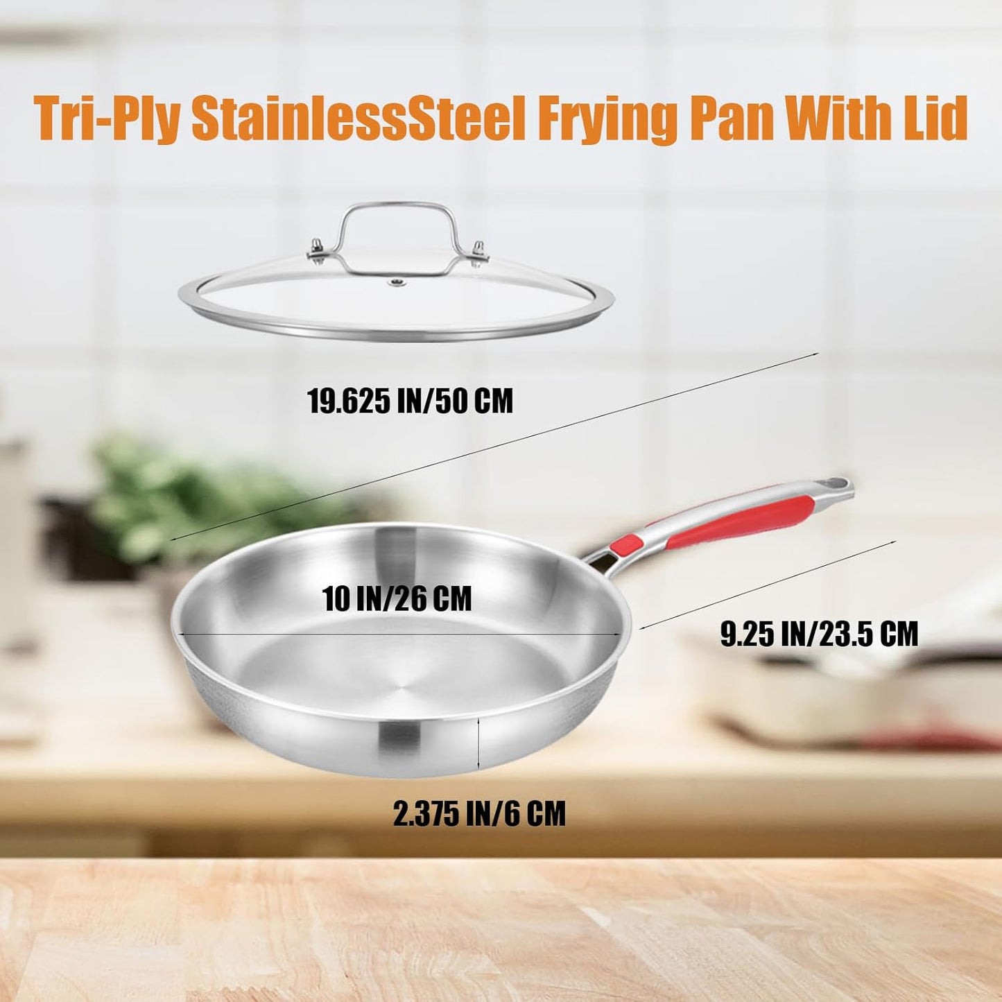 Inqibee 10 Inch Tri-Ply Stainless Steel Frying Pan with Lid,Skillet,Induction Cooking Pan,Heavy Duty and Dishwasher Safe,Detachable Handle