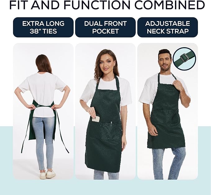 Will Well Kitchen Apron for Men and Women - 33" x 27" Oil-and-Water-Resistant with Adjustable Neck Strap and 38" Waist Ties for a Snug Fit, Lightweight with 2 Front Pockets - 2-Pack, Green
