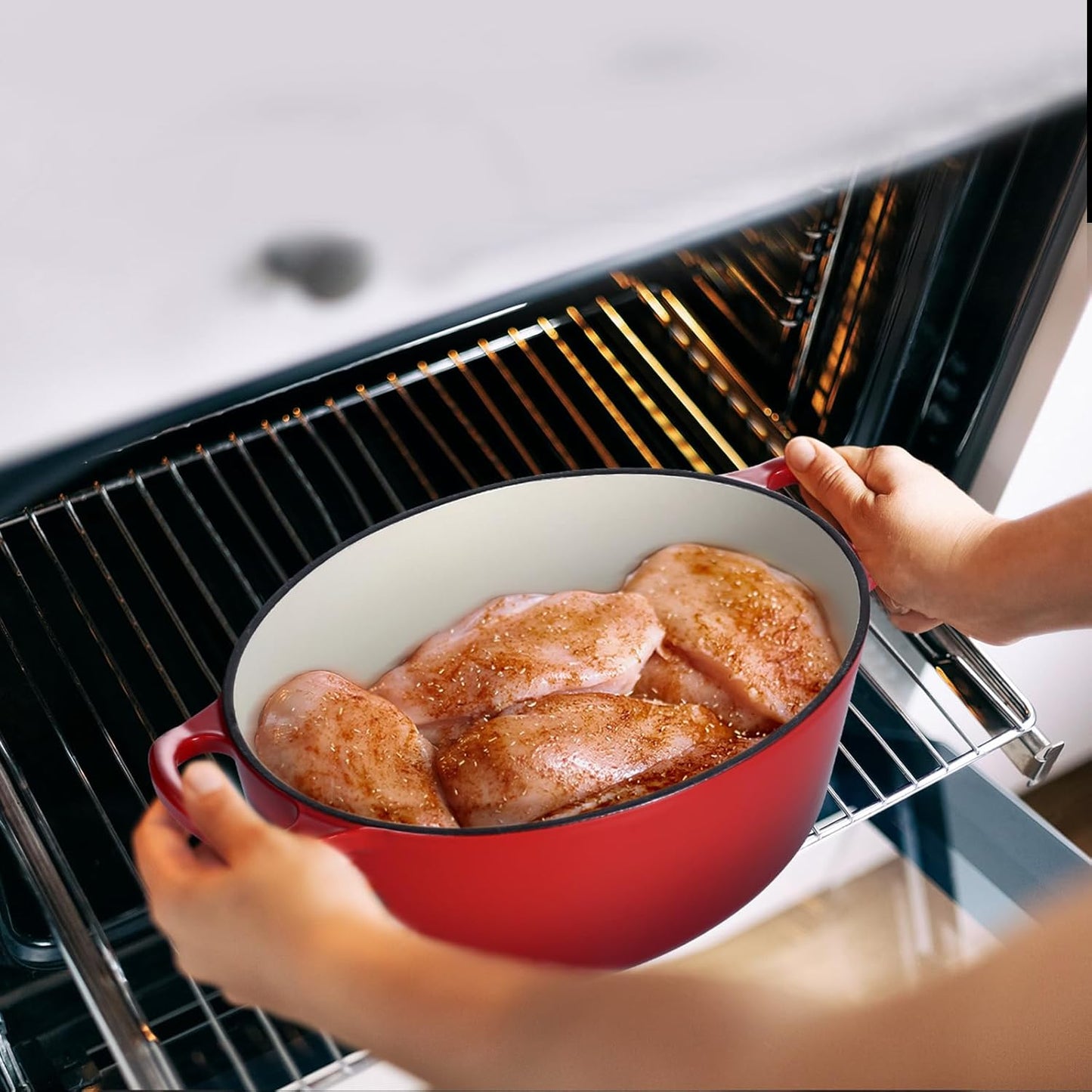 7 Quart Oval Dutch Oven with Lid, Leonyo 7QT Enameled Oval Cast Iron Dutch Oven for Sourdough Bread Breaking, Heavy Duty Cookware for Braising, Stews, Roasting, Red