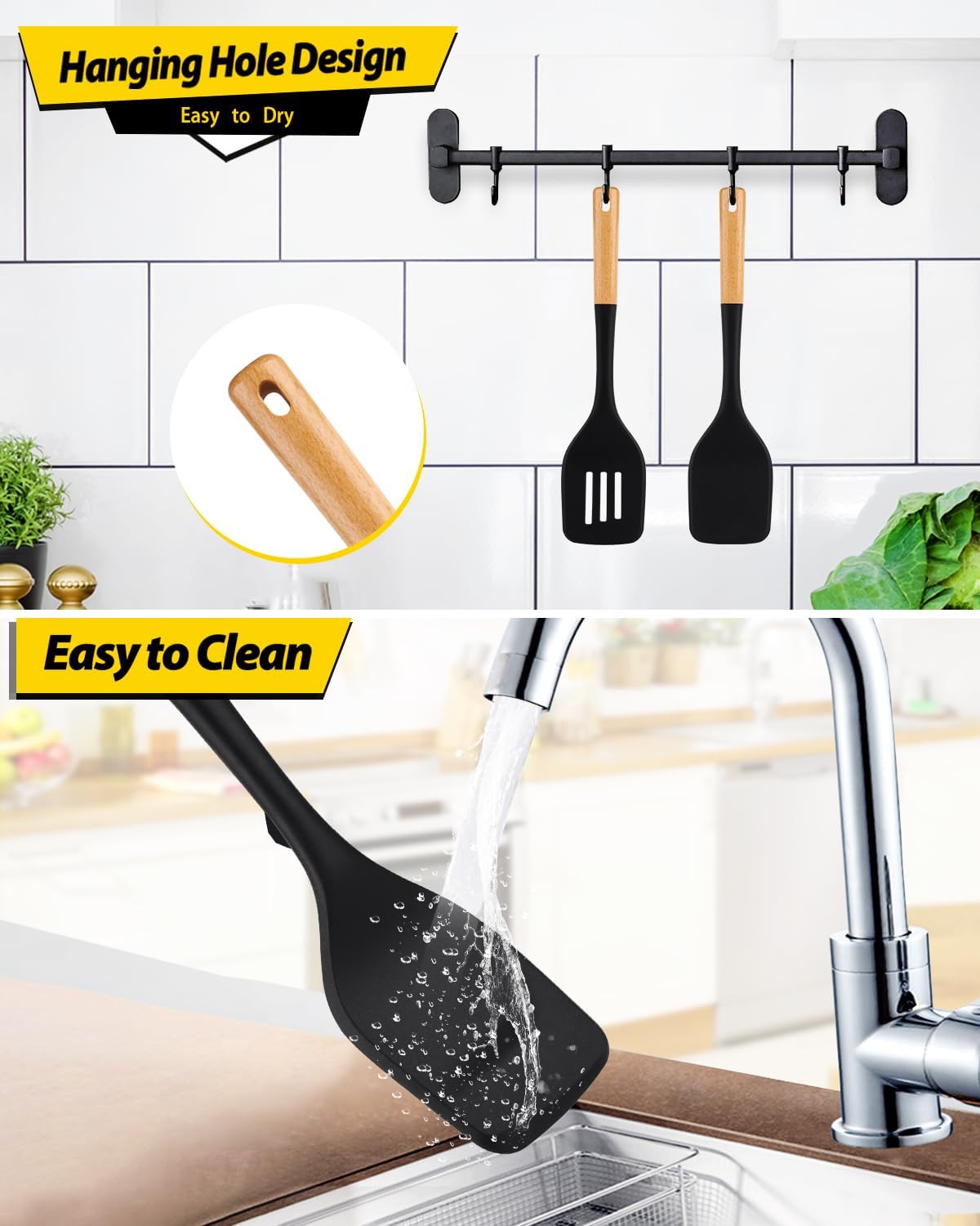 Pack of 2 Large Silicone Spatula, Heat Resistant Solid Turner, Non Stick Slotted Spatulas with Wooden Handle, Ideal Kitchen Utensils for Flipping, Pancakes, Eggs, Fish(BLACK)