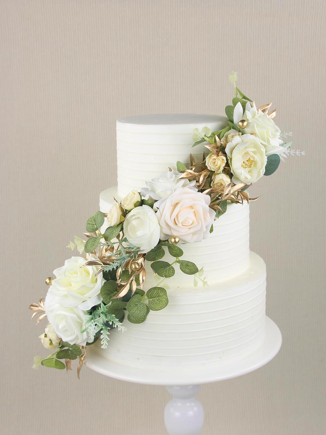 Rinlong 3Pcs Pre-made Cake Toppers Flowers Cake Decorations Wedding Cake Decorating Flowers Decor Christening Birthday Baptism Baby Shower Party Cake Topper Flower Arrangements White Gold