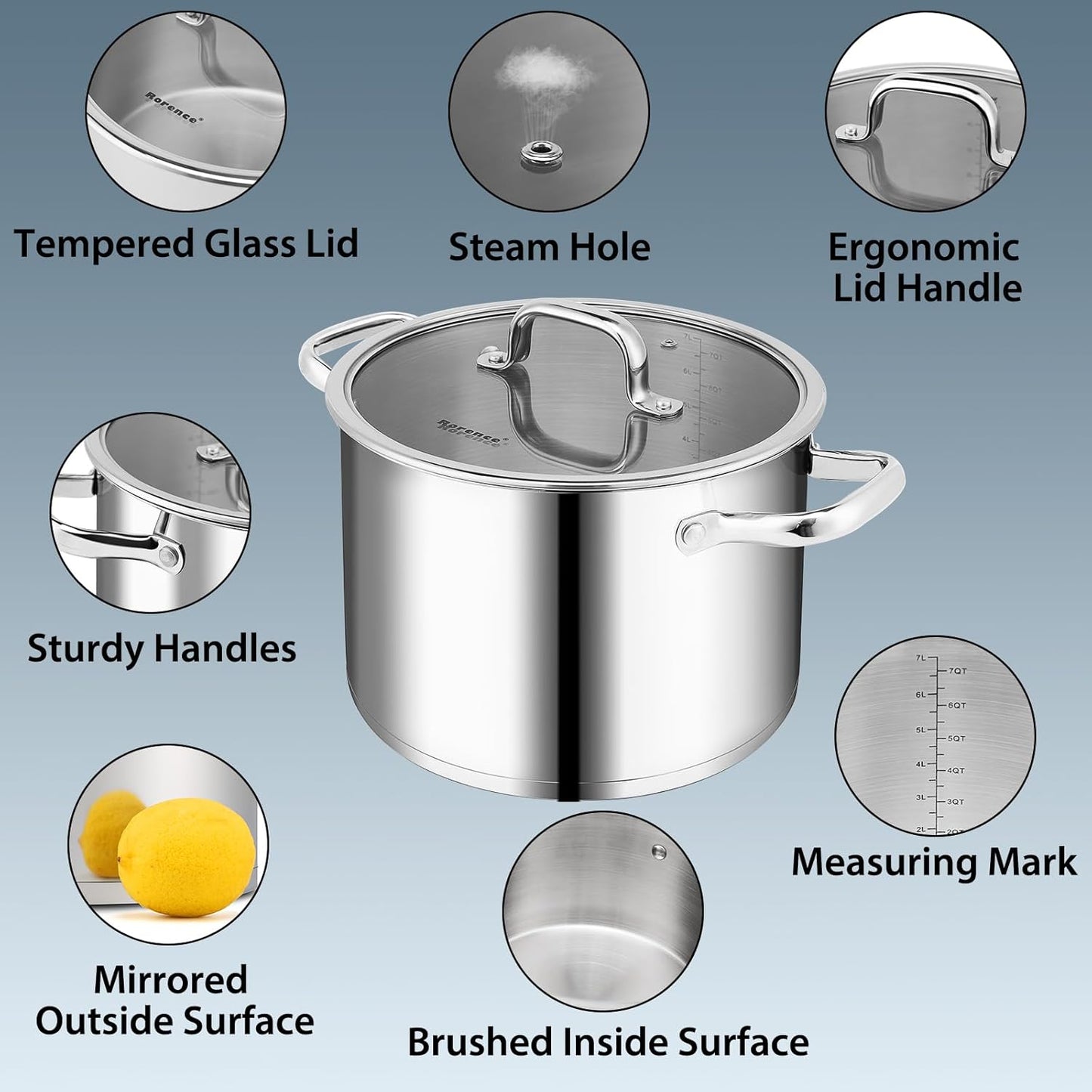 Rorence 8 Quart Stainless Steel Stockpot,Tri-Ply Base Large Pot for Cooking with Lid for Soup, Pasta, Vegetable, Induction Cooking Pot for All Stoves, Oven & Dishwasher Safe