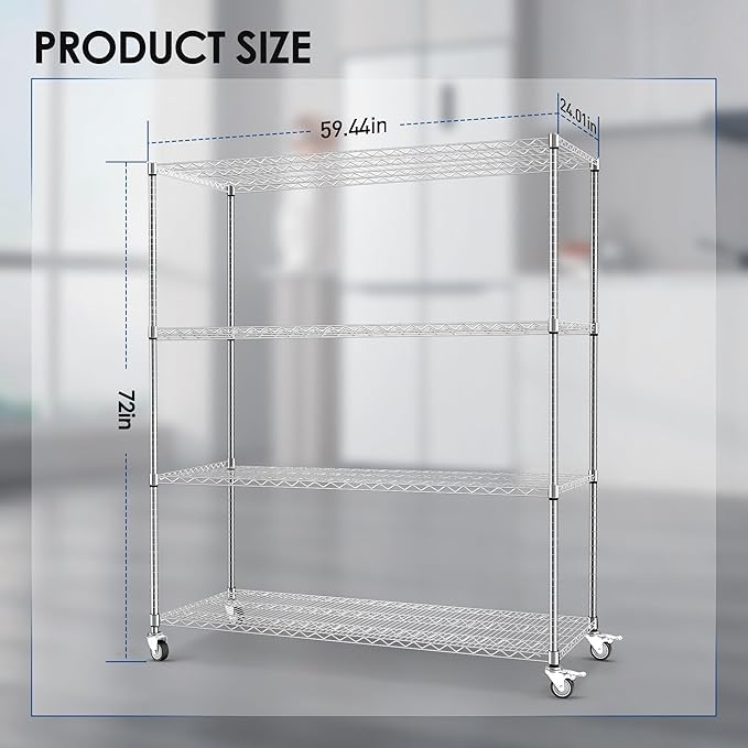 4-Tier Metal Wire Shelving Unit with Wheels, 60" x 24" x 72" Heavy-Duty Storage Rack for Garage, Kitchen, Pantry, or Restaurant, 2400 lbs Capacity, Chrome Finish