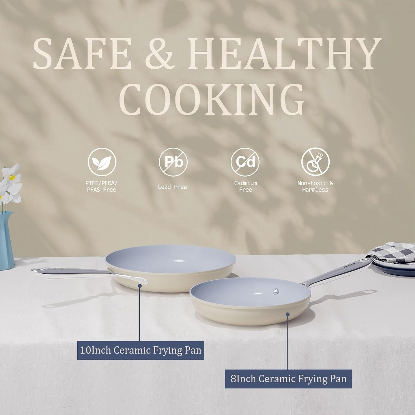 Nonstick Ceramic Frying Pan 8 Inch for Induction Cooktop - Non Toxic, PTFE/PFOA/PFAS Free, Oven & Dishwasher Safe up to 500ยฐF - Non Stick Small Egg Skillet with Stay-Cool Handle - Cream