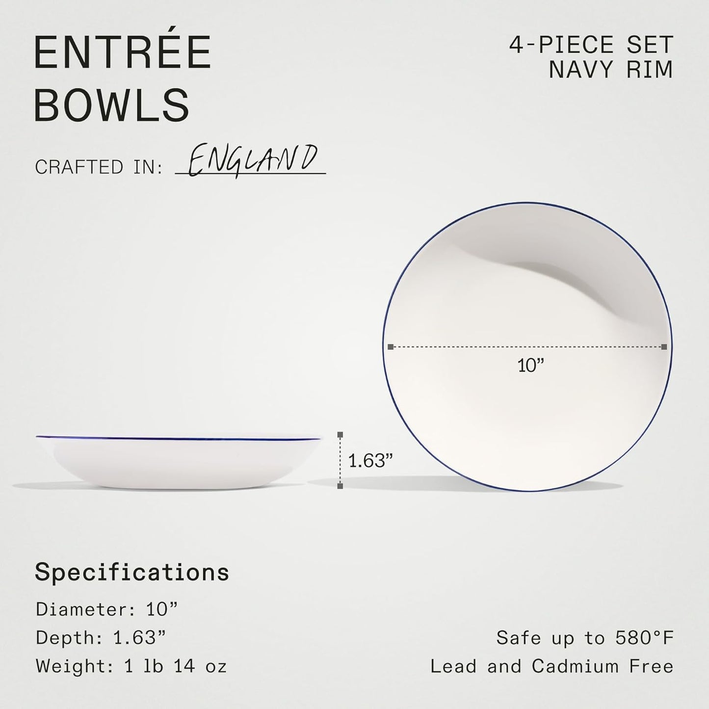 Made In Cookware - Set of 4 - Entrée Bowls - White With Navy Rim - Porcelain - Crafted in England
