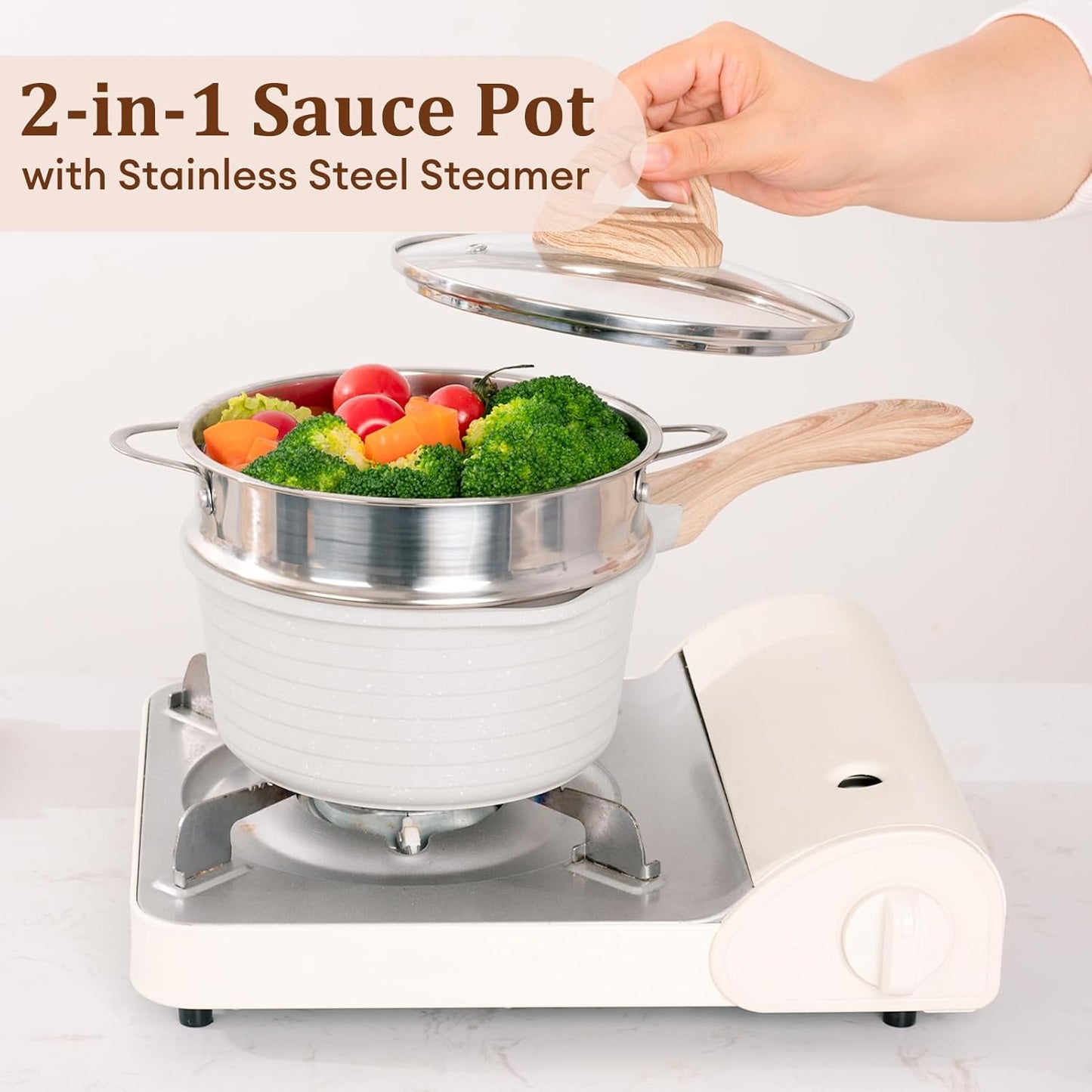 JEETEE 2.5 Quart Saucepan with Steamer Basket, Small Sauce Pot with Lid,Nonstick Coating with Pour Spout, Induction Compatible Cookware Sauce Pan for Cooking, PFOA/PFOS Free