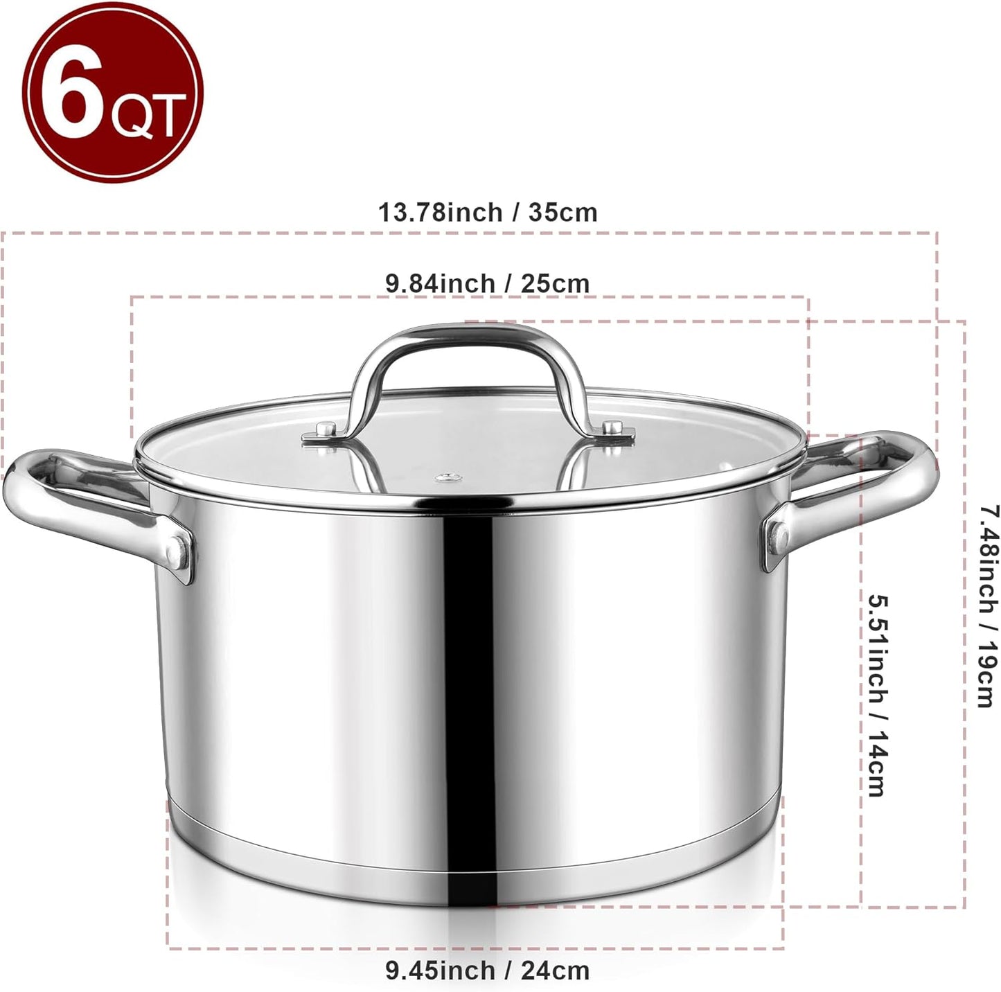 LIANYU 6 QT Stainless Steel Stock Pot, Kitchen Tri-ply Base Cooking Soup Pot with Glass Lid, Heavy Duty Non-toxic Cookware for Meal, Compatible with Induction Cooktop Electric Stove, Dishwasher Safe