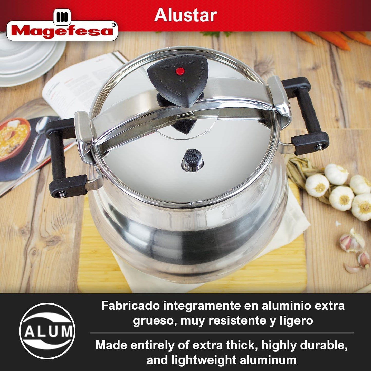 Magefesa Alustar 23.2-Quart Aluminum Pressure Cooker – Extra-Thick Construction, Thermodiffusion Base, 3 Safety Systems, Professional-Grade
