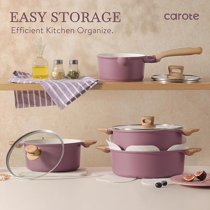 CAROTE 12 Pcs Pots and Pans Set Nonstick, Ceramic Cookware Set, Induction Cookware Non Stick Kitchen Cooking Set with Utensil and Pan Protectors, Purple
