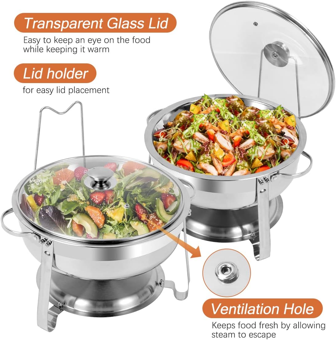 6 Packs Round Chafing Dish Buffet Set, 4 QT Stainless Steel Chafing Dishes with Glass Lid & Lid Holder, Catering Food Warmers for Parties Buffet Weddings Events