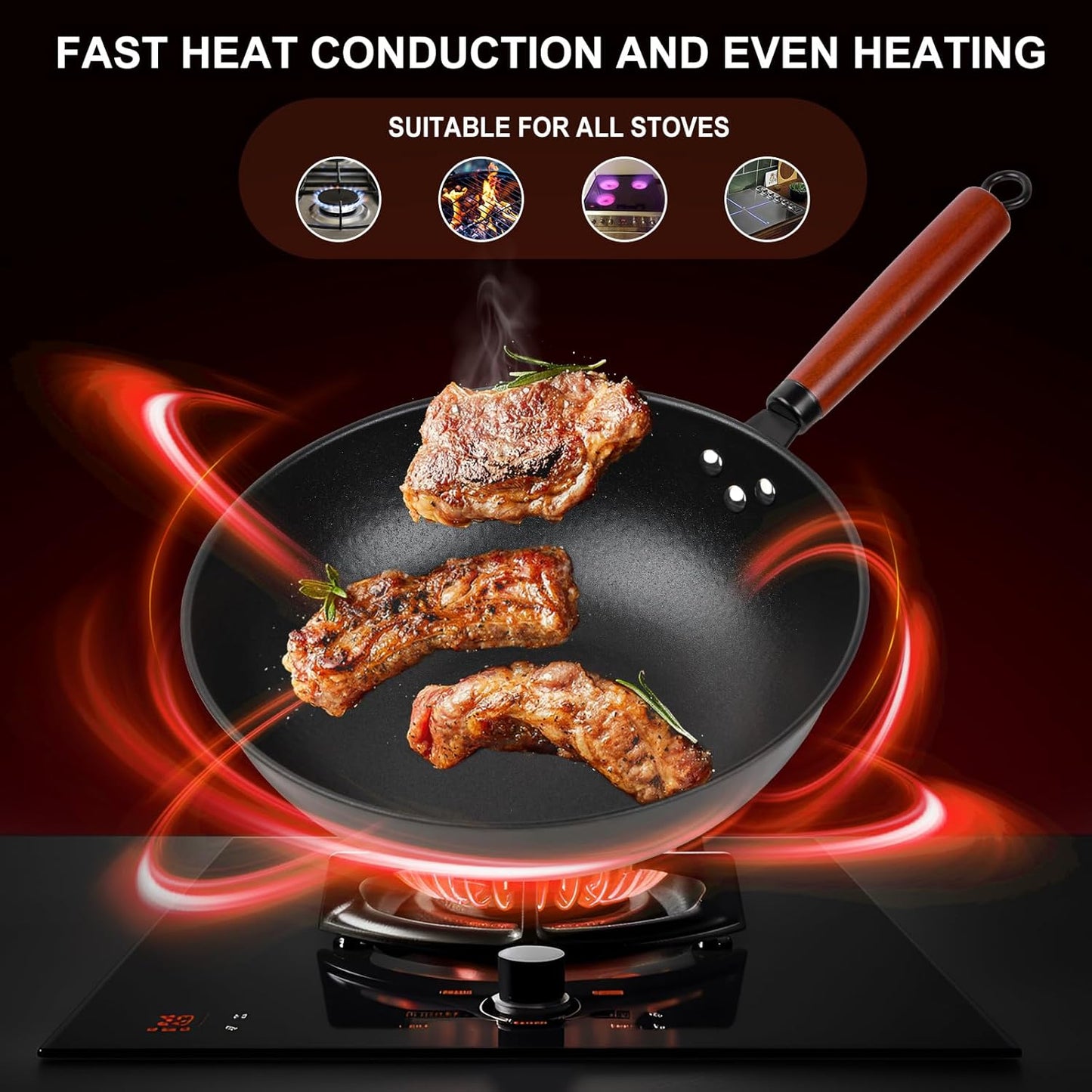 13" Nonstick Wok - Wok Pan with Glass Cover, Carbon Steel Woks & Stir-Fry Pans: Flat Bottom Chinese woks for Electric, Induction, Gas, All Stoves