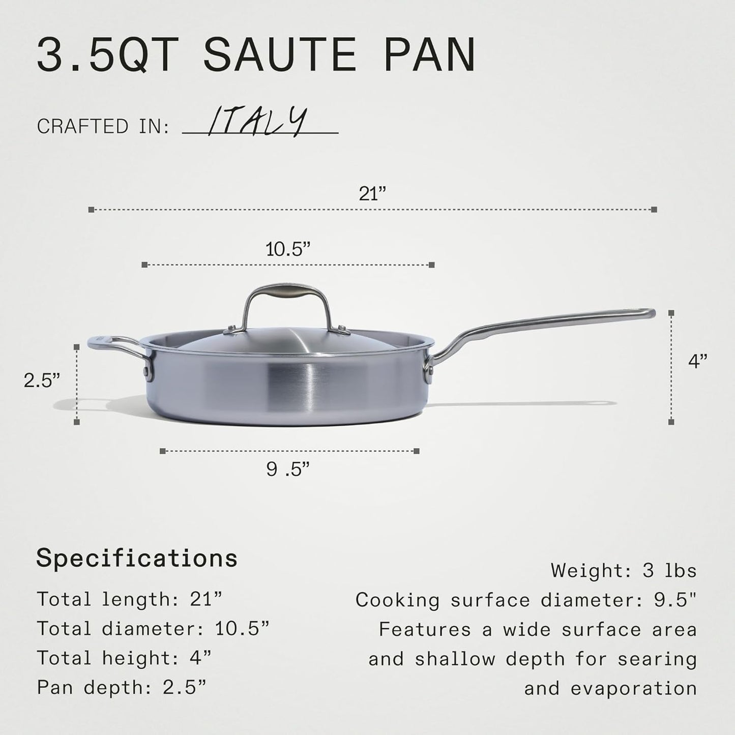 Made In Cookware - 3.5 Quart Stainless Steel Saute Pan - 5 Ply Stainless Clad - Professional Cookware - Induction Compatible - Crafted in Italy