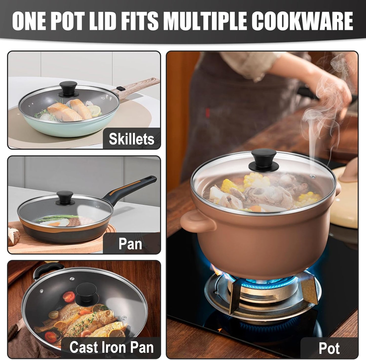 Pan Lid 8 Inch - Tempered Glass Pot Lid - Replacement Pan Cover for Cast Iron Skillets, Frying Pans, Pots and Wok, Heat Resistant Handle