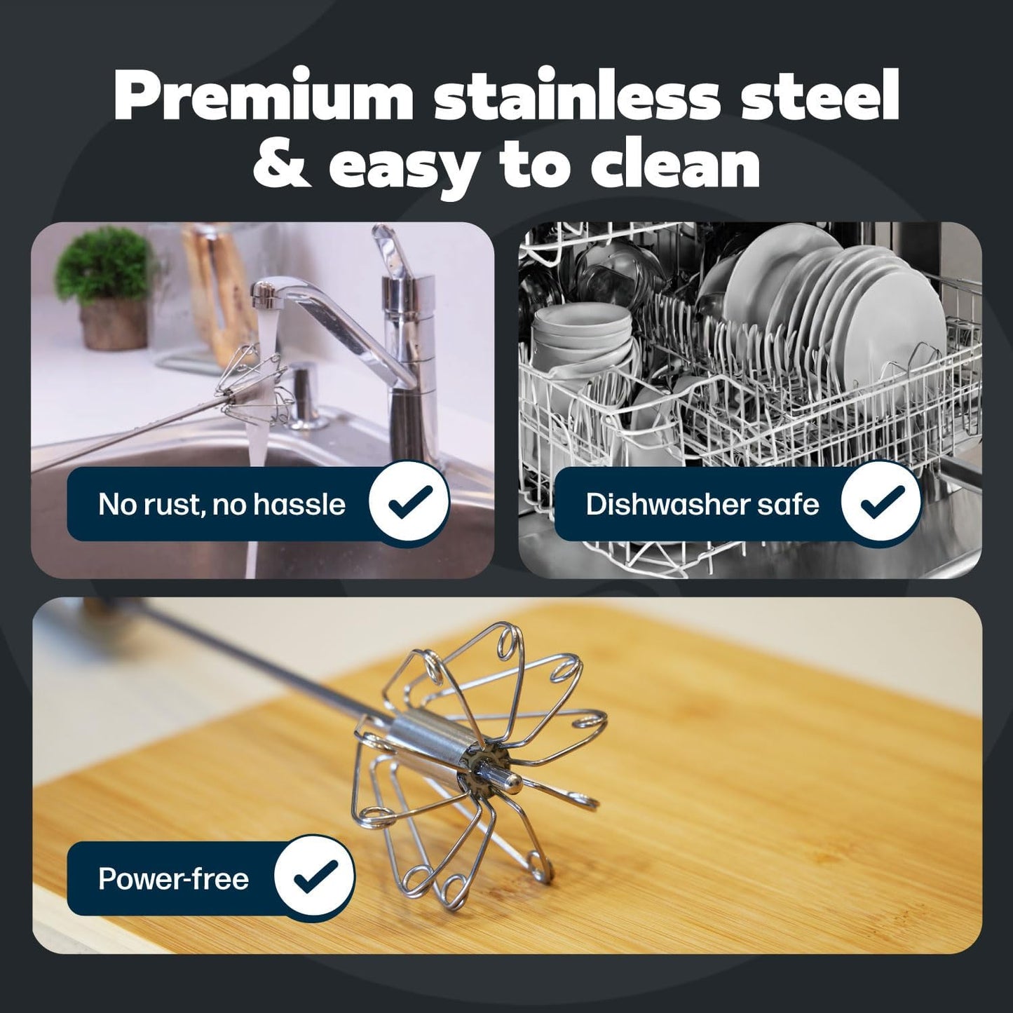 14 Inch Stainless Steel Hand Whisk - Durable & Easy to Use Push-Down Zip Whisker - Rotary Hand Mixer for Beating Eggs, Frothing Milk, Blending, Mixing, Whipping Smoothies & Shakes - Kitchen Tools