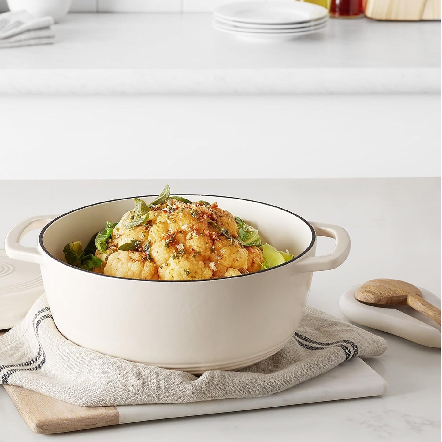 Amazon Basics Cast Iron Dutch Oven Pot with Lid, Enameled, Round, Dual Handles, Heavy-Duty, Small, 4.3-Quart, White