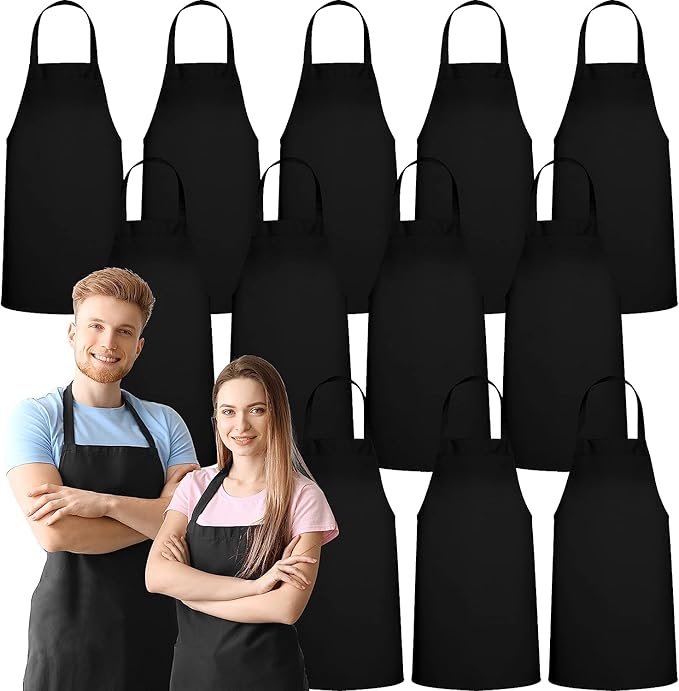 GREEN LIFESTYLE 12 Pack Bib Apron - Unisex Black Aprons, Machine Washable Aprons for Men and Women, Kitchen Cooking BBQ Bulk (Pack of 12, No Pockets, Black)
