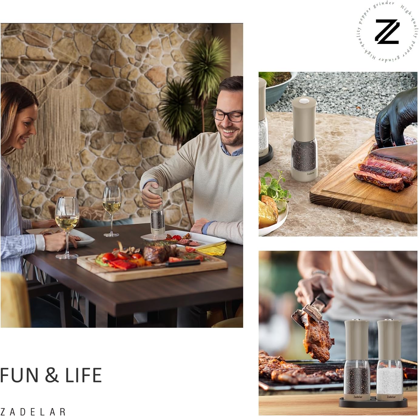 Electric Salt and Pepper Grinder Set with LED Power Display,Larger Capacity Salt and Pepper Shakers Set Rechargeable Electric with Flexible Coarsenes,LED Light,One Hand Operation for Kitchen(Khaki)