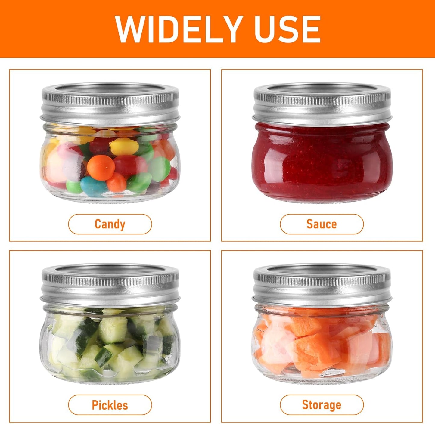 4 oz Mason Jars With Silver Lids and Bands, 24 Pack Regular Mouth Canning Jars for Jam, Honey, Yogurt, Candy, Spices, Snacks, DIY Projects, Wedding Favors- Includes 30 Stickers