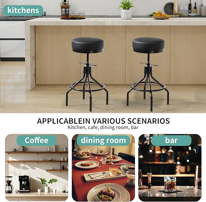 Counter Height Bar Stools Set of 2 Adjustable Swivel Barstools Modern PU Leather 28inch Round Backless Metal Industrial Stool Bar Chair for Kitchen Island (2, Black)