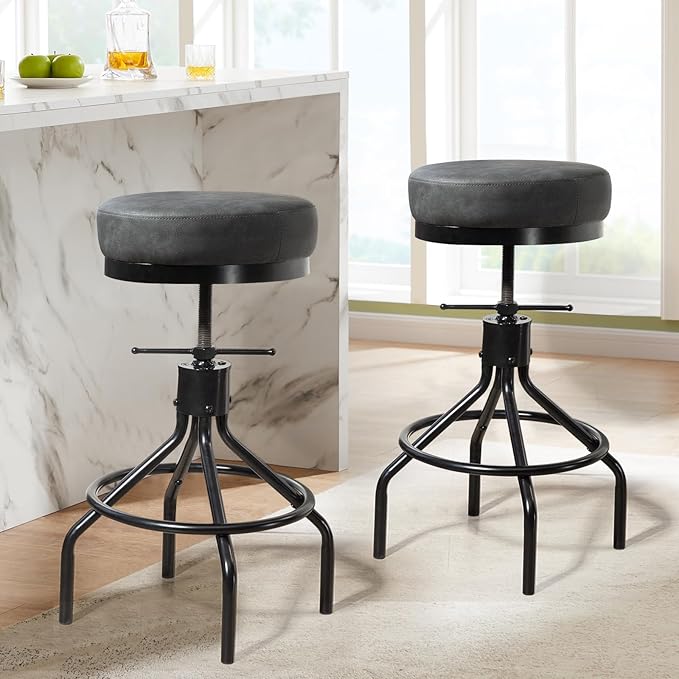 Swivel Bar Stools Adjustable Industrial Barstools Metal Modern PU Leather 28inch Round Backless Counter Height Stool Bar Chair for Kitchen Island (1, Grey)