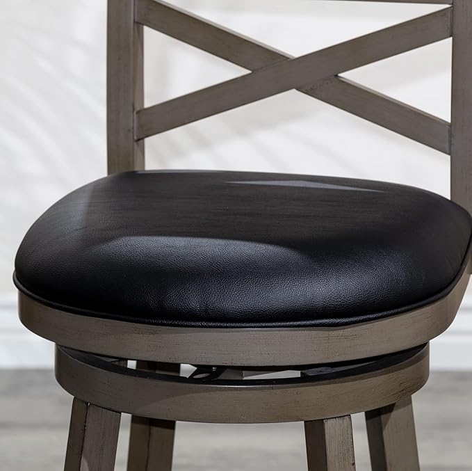 DTY Indoor Living Meeker X Back Fabric Swivel Stool, 30” Bar Height, Weathered Grey Finish, Black Leather Seat