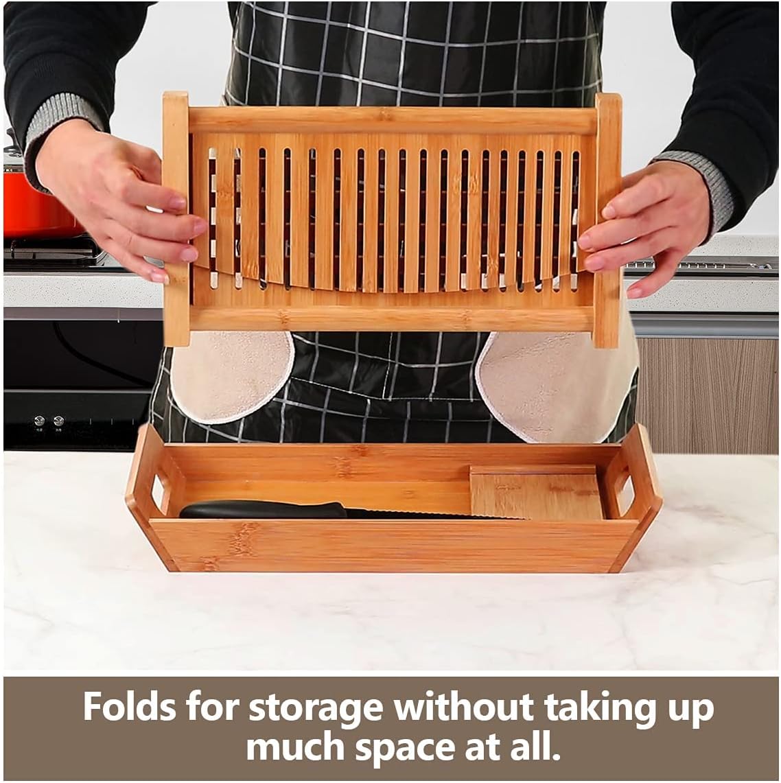 Bread Slicer for Homemade Bread, Bamboo Loaf Cutter with Knife and Crumb Catcher, Adjustable Foldable and Compact Cutting Guide 3 Size Slicing Guide