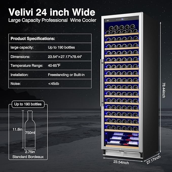 Upgraded 24 Inch Wine Cooler Refrigerator, 190 Bottles Wine Fridge with Professional Temperature Control System, Freestanding or Built-in installation, Quiet Operation