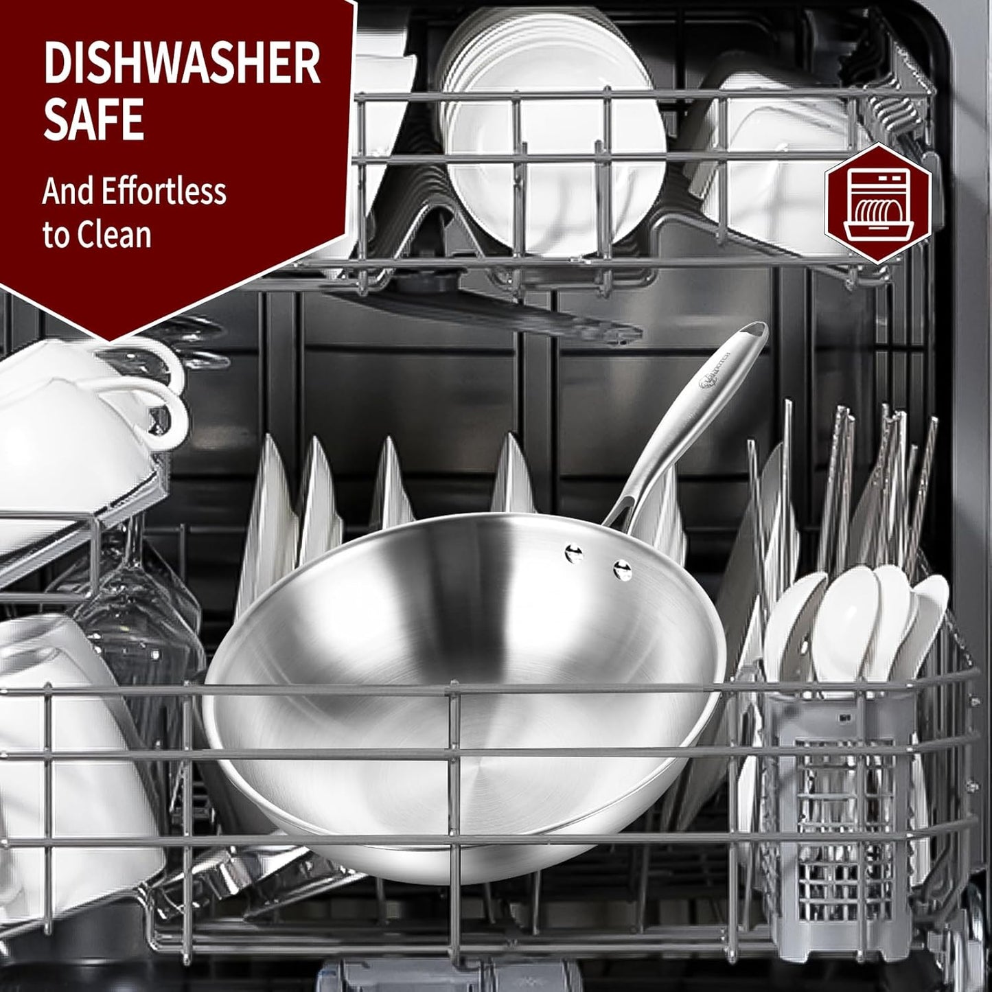 LOLYKITCH 10 Inch Tri-ply Stainless Steel Wok Pan with Lid,Dia.26 CM Stir-Frying Pan,Induction Cooking Pot,Heavy Duty,Dishwasher and Oven Safe,Riveted Handle.