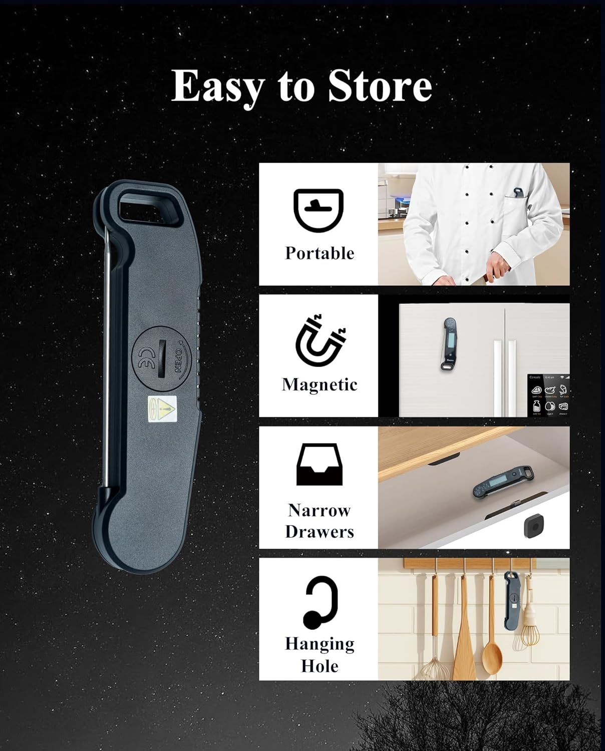 Wisebee Meat Thermometer Digital, 0.5 Sec Instant Read Waterproof Food Thermometer with 180°Auto-Rotate Backlit Display | Anti-Slip Handle | Magnetic Back | Hold Function for Cooking, Black