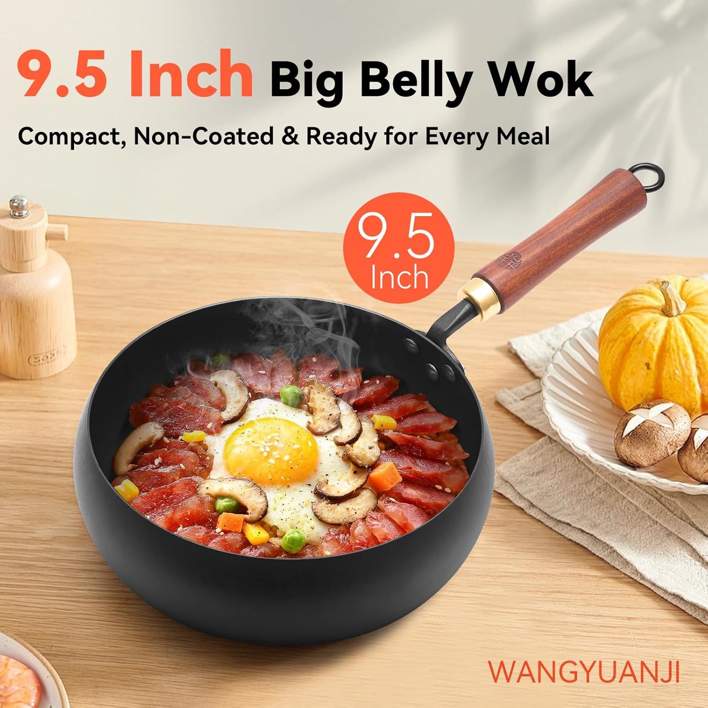 WANGYUANJI 9.5-Inch Wok Pan with Lid – Handmade Round Cooking Wok, Deep Frying Pan with Detachable Wooden Handle, No Chemical Coated Wok Flat Bottom for Induction & Gas Stoves